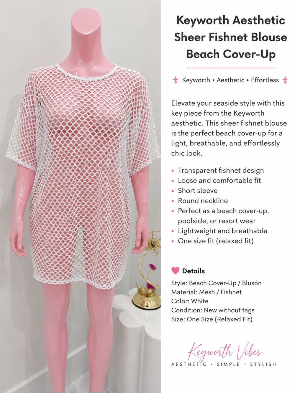 Keyworth Aesthetic Sheer Mesh Beach Cover Up Blouse White one size